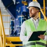 Trabalhador de colete anotando checklist em fabrica
