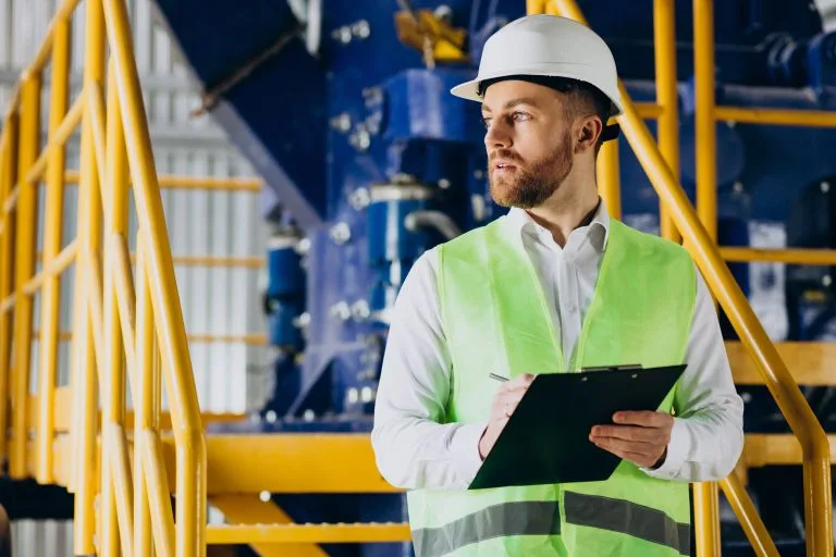 Trabalhador de colete anotando checklist em fabrica