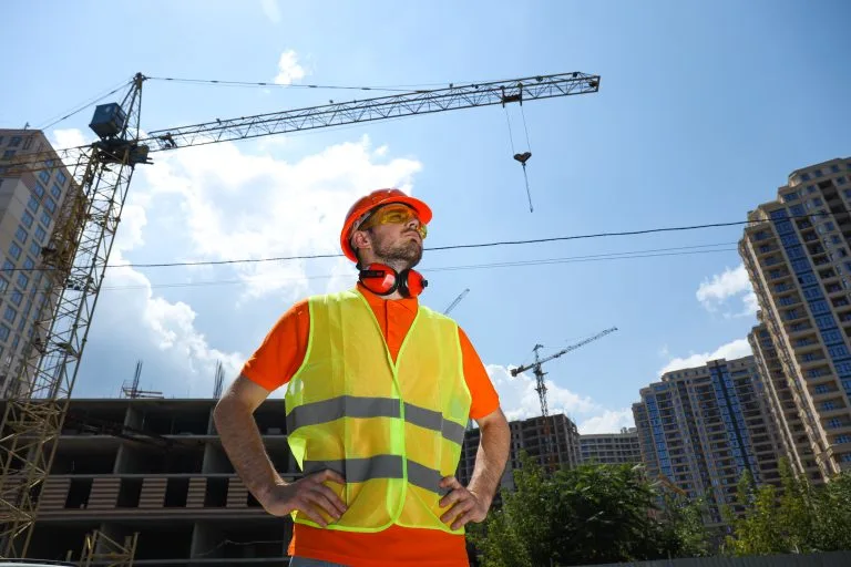 Trabalhador de colete e capacete em canteiro de obras